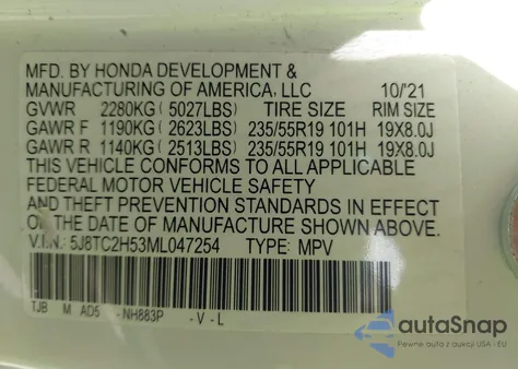 2021 Acura Rdx Technology Package from USA, damaged, VIN 5J8TC2H53ML047254